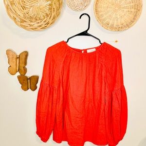 Red blouse with puff sleeves